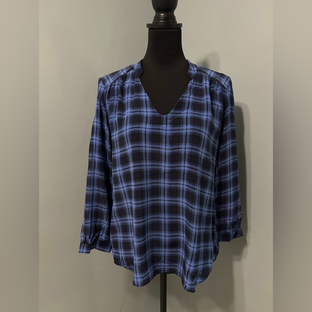 Amanda Uprichard Blue Black Plaid Silk V-Neck Blouse Womens Size Medium
